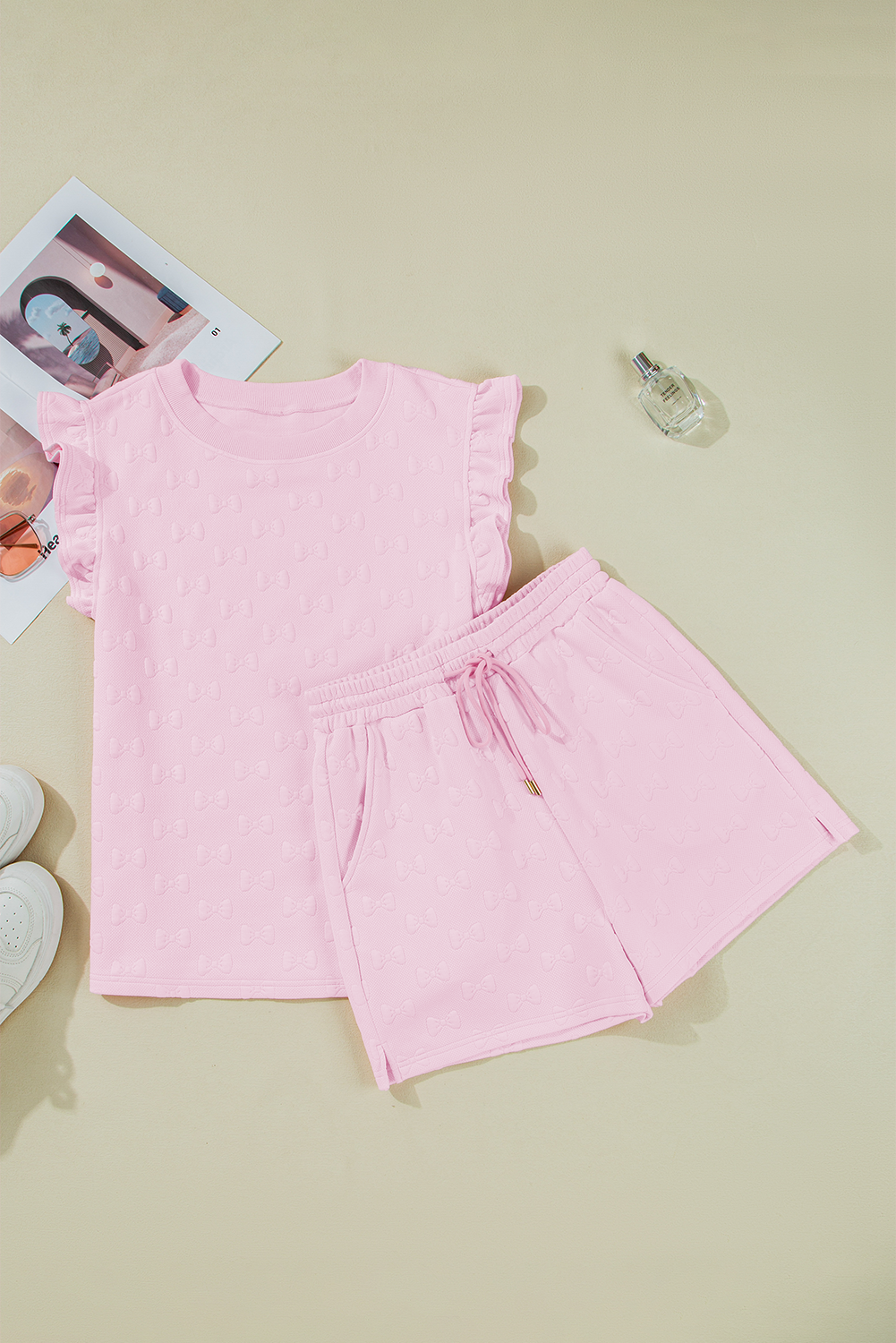 Pink Bow Jacquard Ruffle Sleeve Short 2pcs Outfit Co-ord eAura