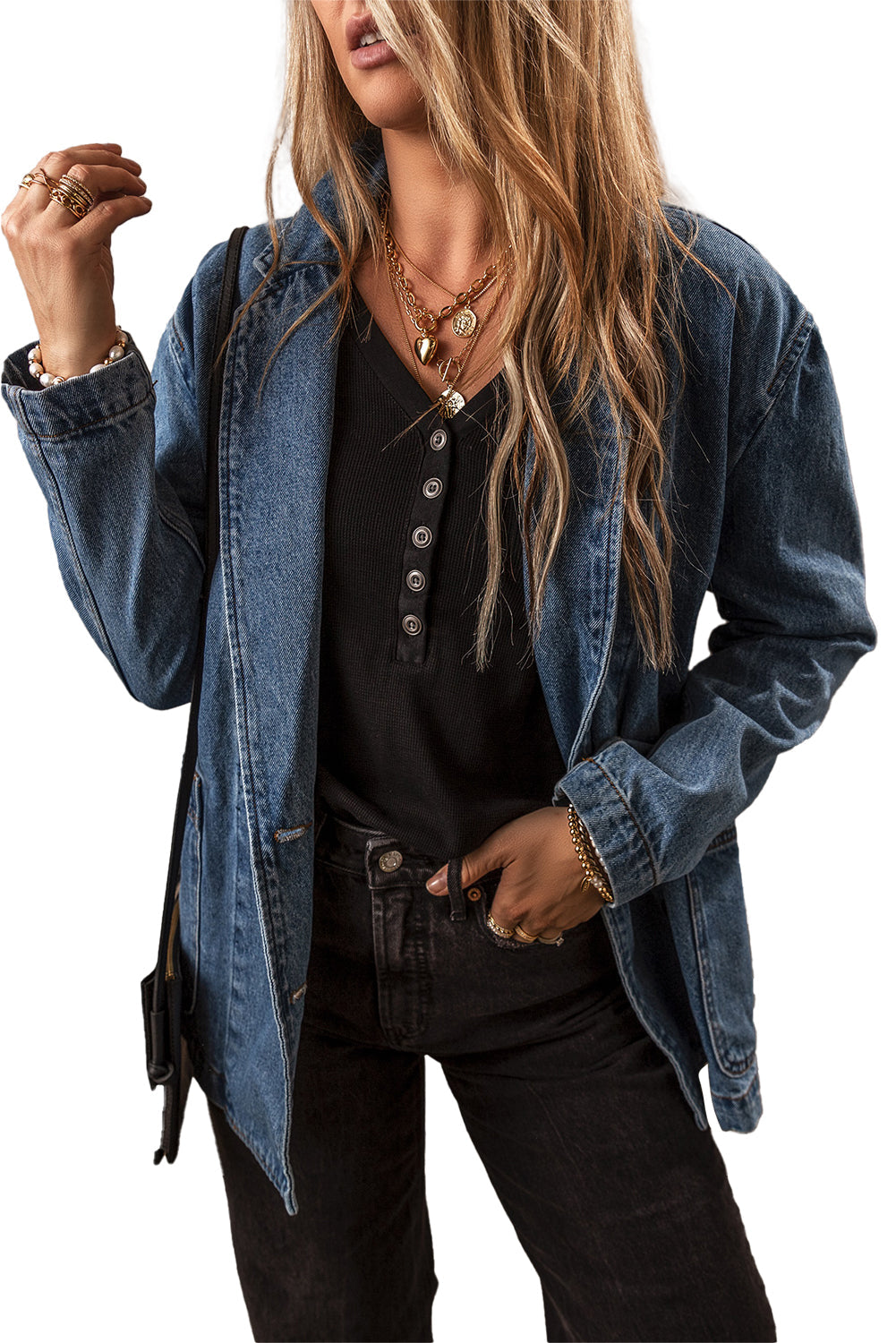 Sail Blue Side Pockets Lapel Collar Denim Jacket Beagle Boutique Fashion Outlet