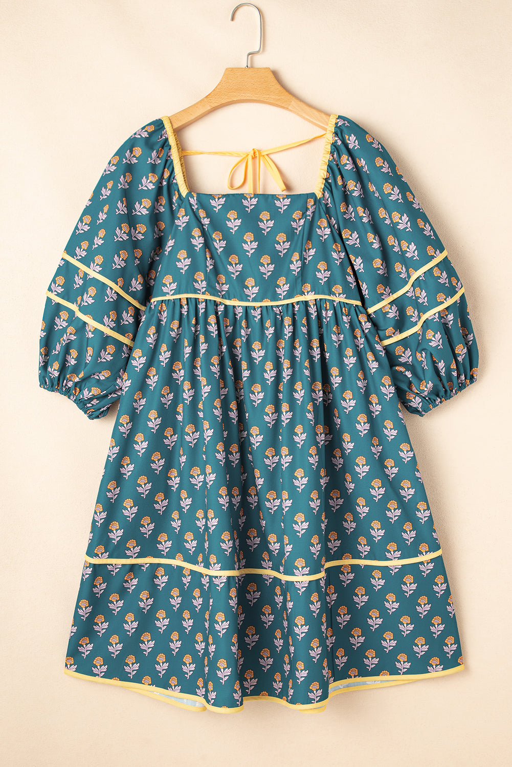 Skobeloff Floral Contrast Trim Square Neck Puff Sleeve Dress eAura