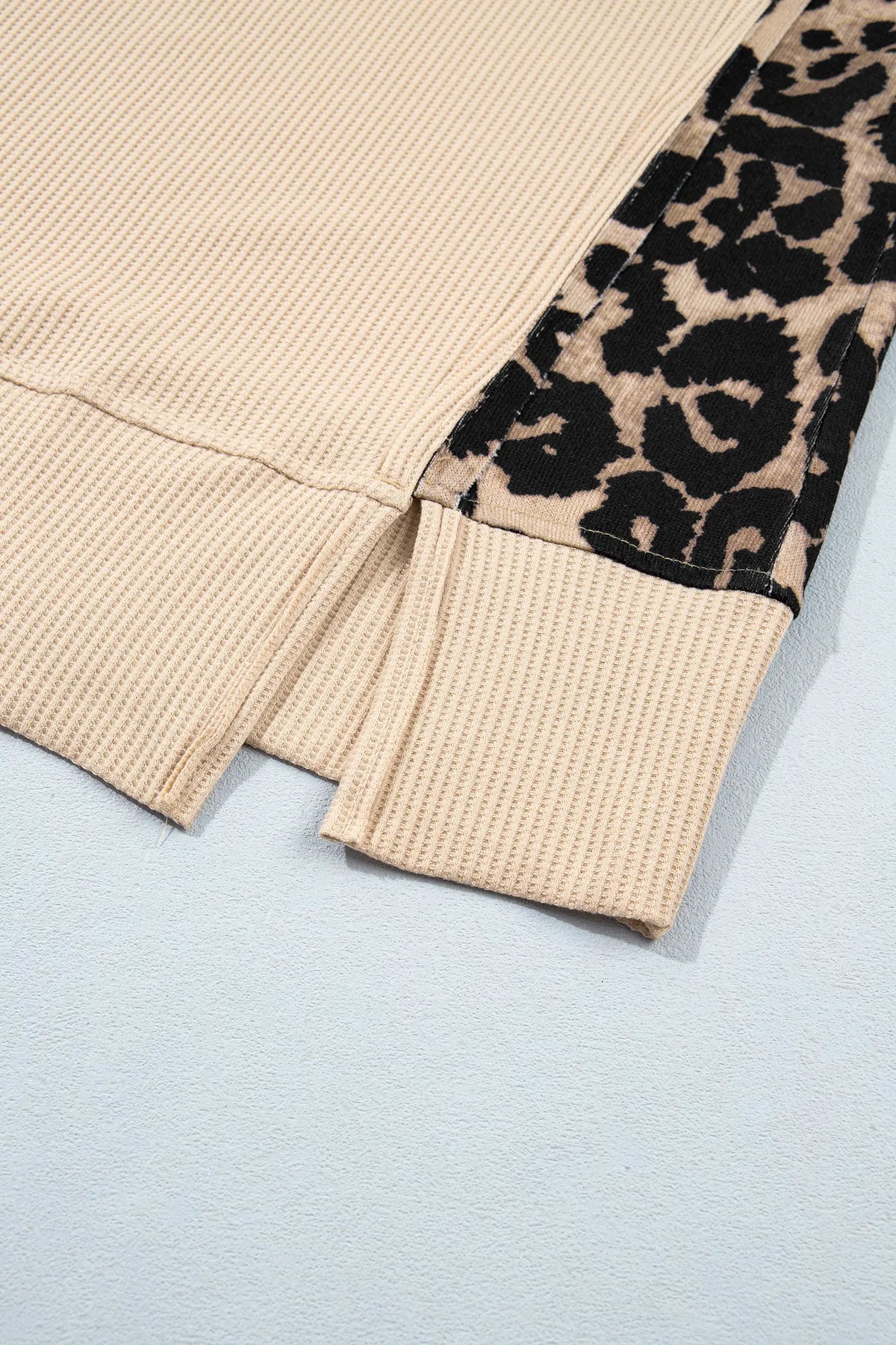 Leopard Sleeve Waffle Knit Split Hem Top – Grey Morn