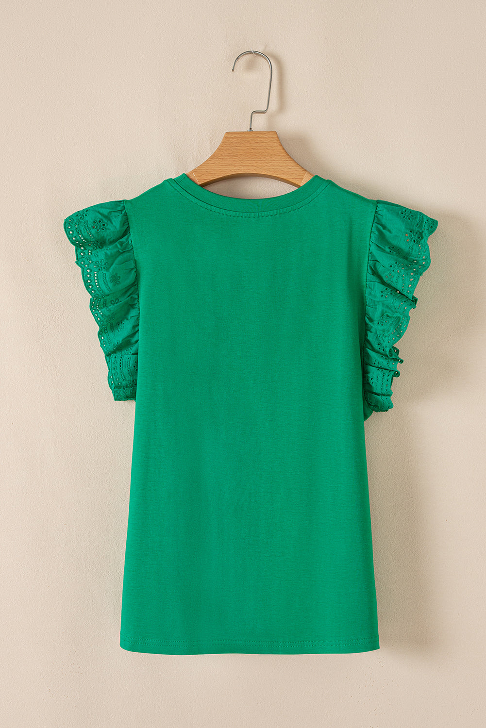 Dark Green Embroidered Ruffled Sleeve Slim Fit Crew Neck Top eAura