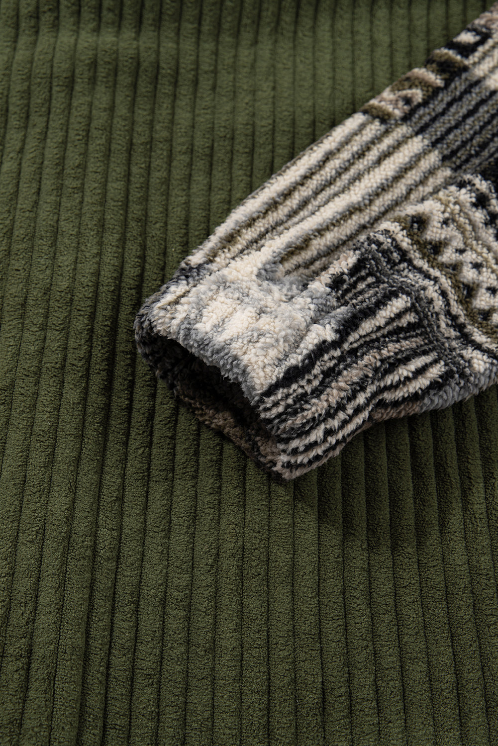 Green Ribbed Fleece Plaid Print Patchwork Button Up Jacket - eAura