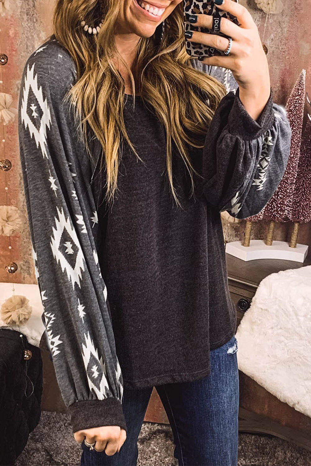 Black Western Print Patch Long Sleeve Top eAura