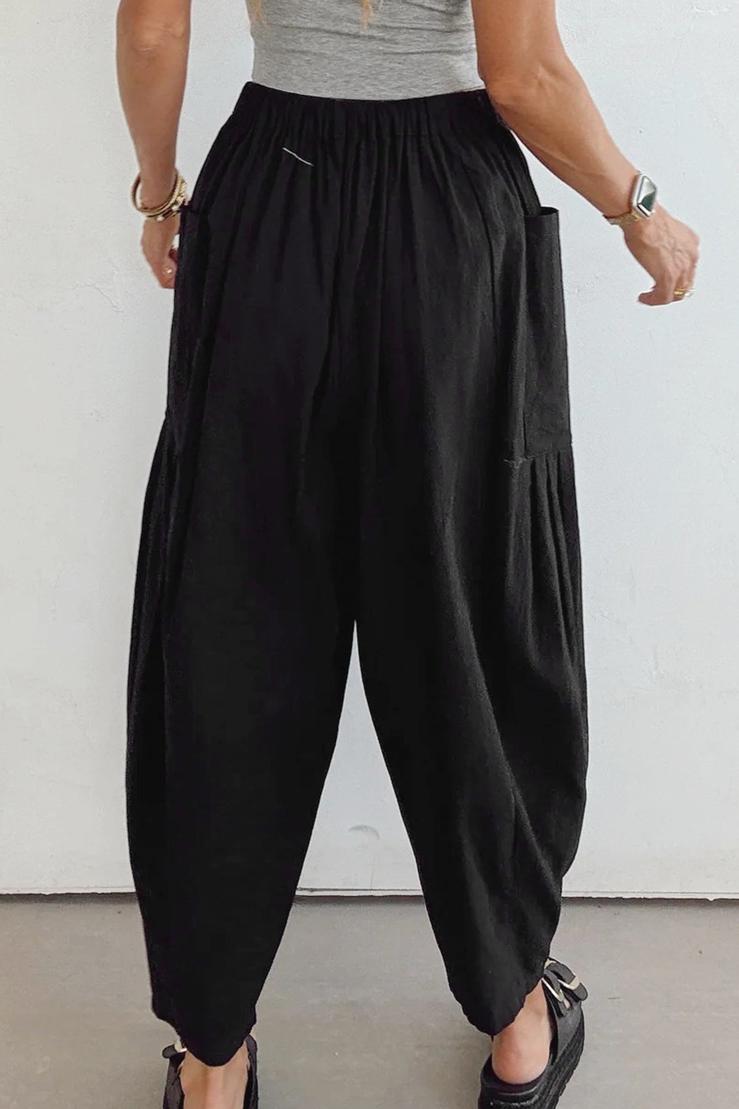 Drawstring Elastic Waist Pocket Barrel Leg Casual Pants - eAura