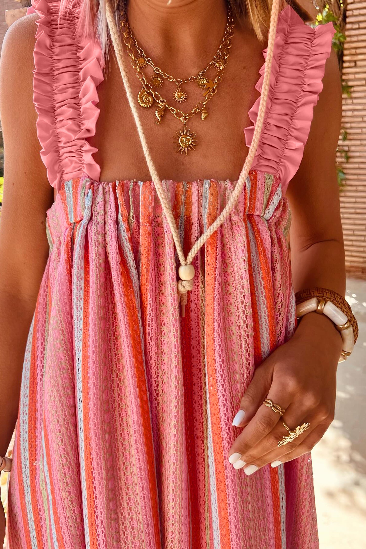 Stripe Ruffled Straps Ribbon Knot Flowy Holiday Maxi Dress