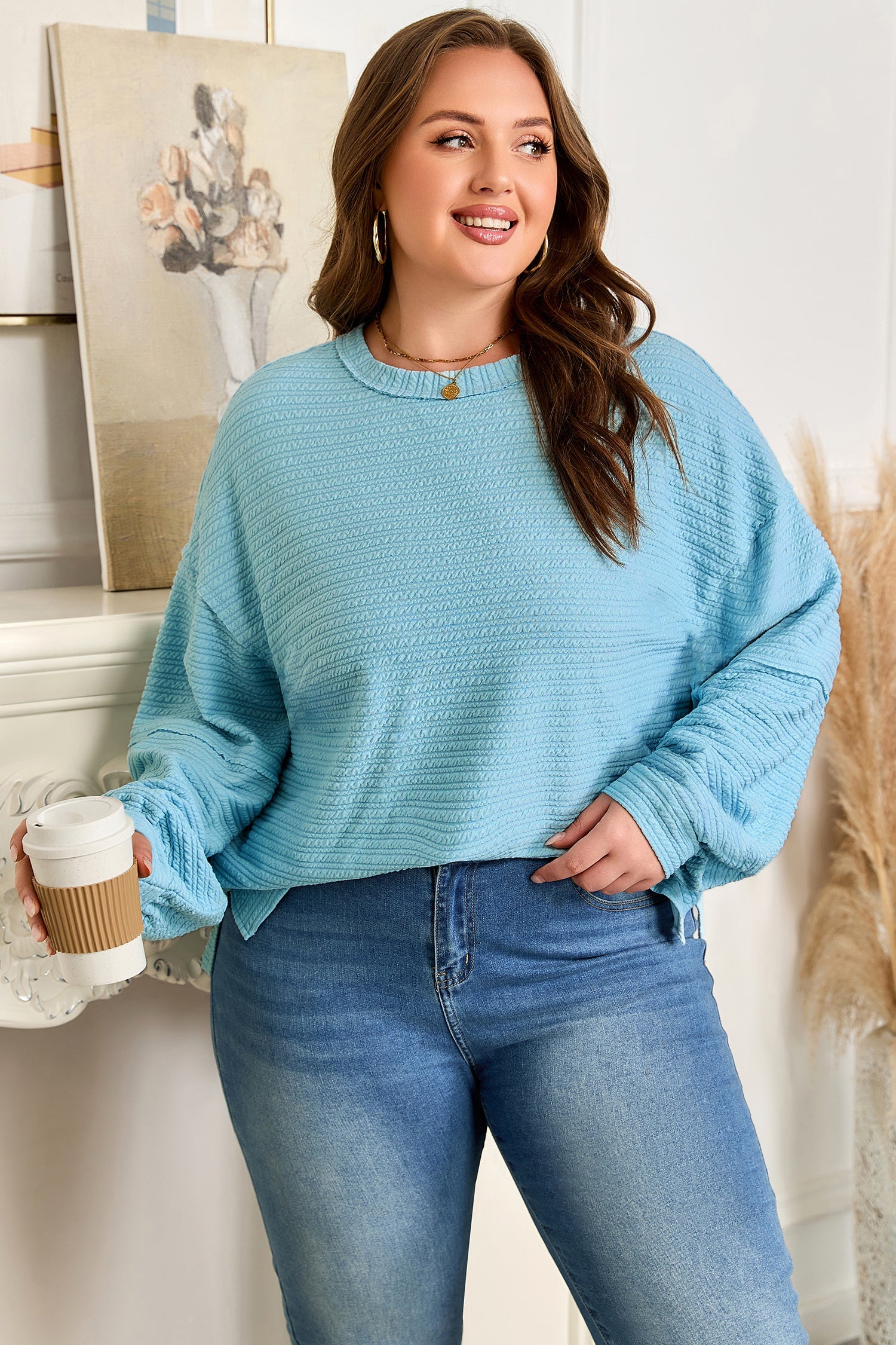 Textured Drop Shoulder Plus Size Knit Top - eAura