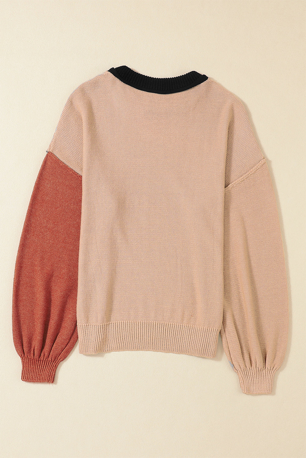 Pink Colourblock Bishop Sleeve Ribbed Trim Sweater eAura