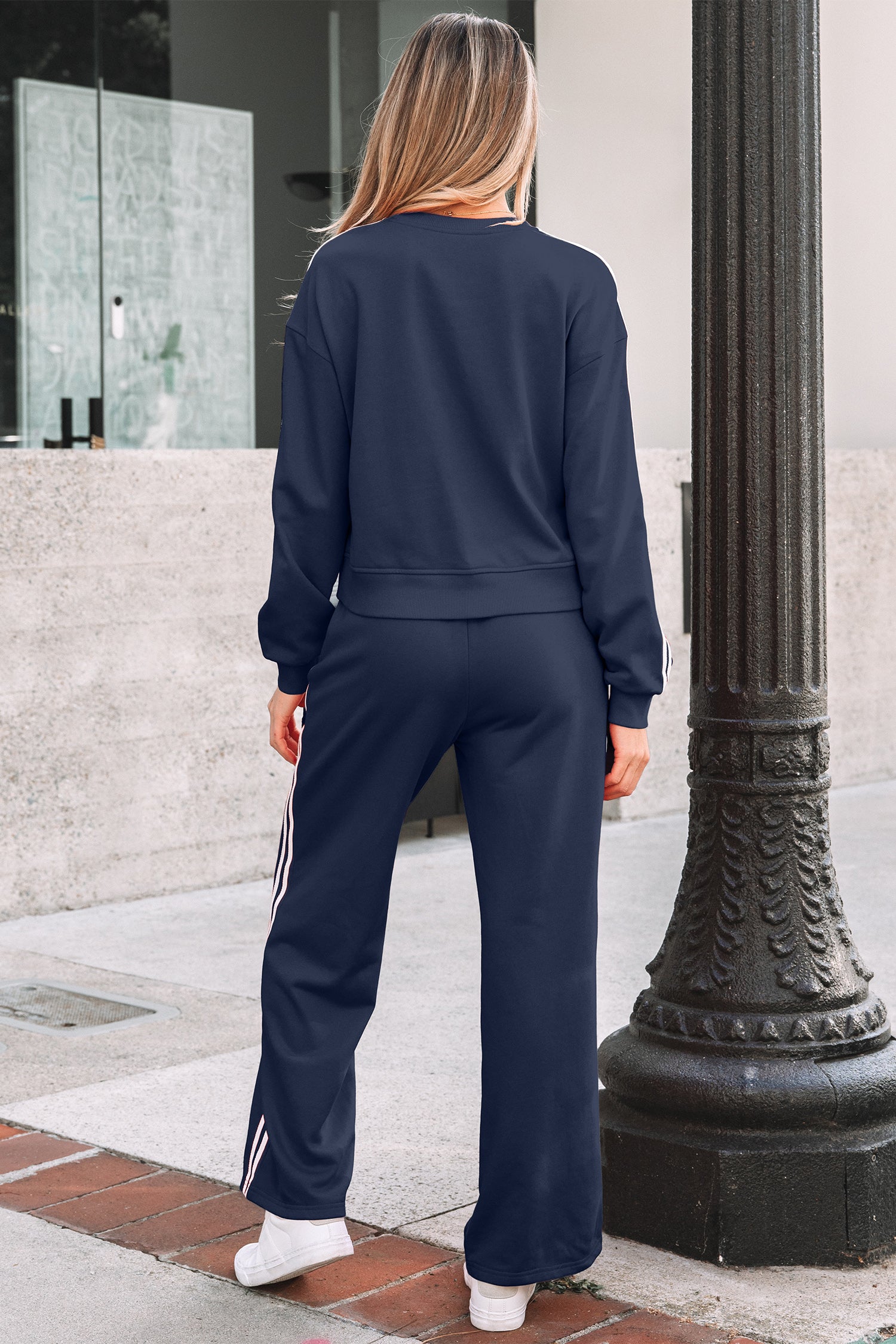 Varsity Striped Detail Crewneck Pullover Elastic Sweatpants 2pcs Co-ord - Two Piece Sets/Pant Sets