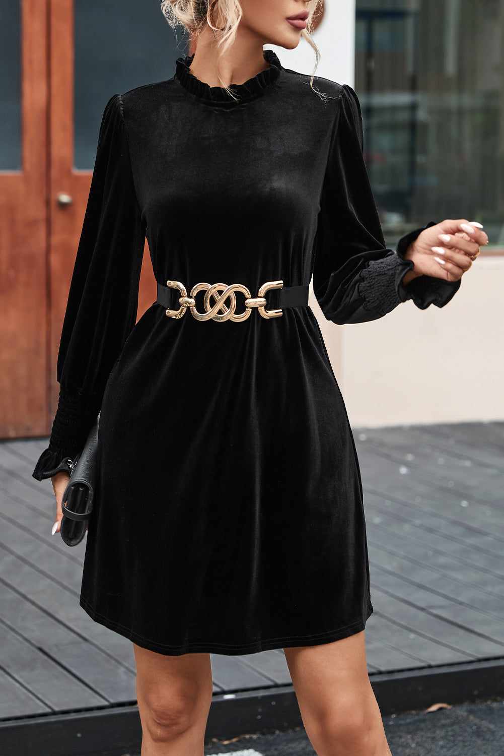 Black Velvet Frill Neck Long Sleeve Shift Dress - eAura