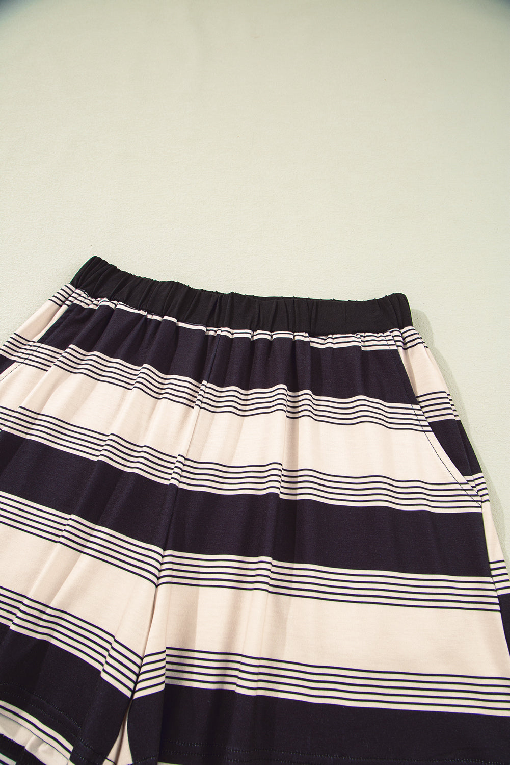 Black Stripe Short Sleeve T Shirt and High Waist Pocketed Shorts Set eAura