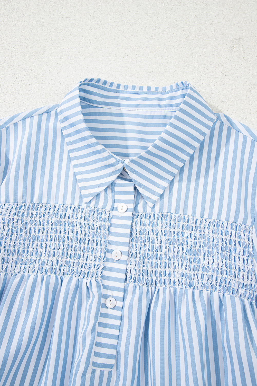 Stripe Shirred Half Collared Long Sleeve Blouse - eAura