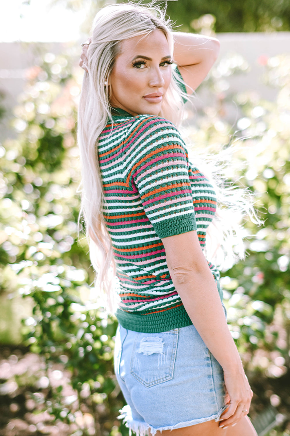 Dark Green Striped Pattern Contrast Trim Pointelle Knit T Shirt eAura