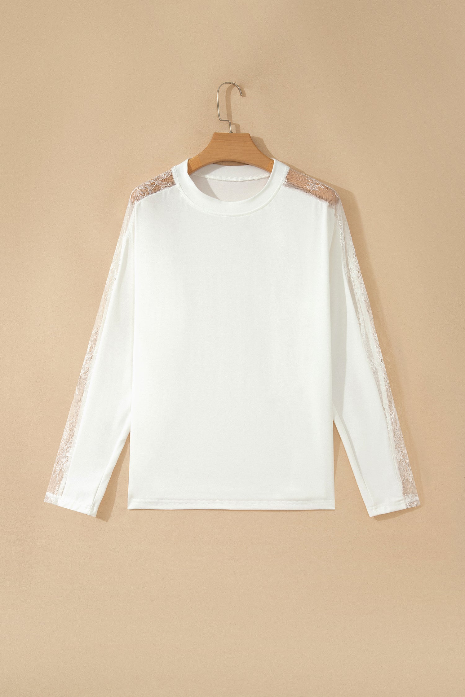 Lace Patchwork Round Neck Long Sleeve Top – White