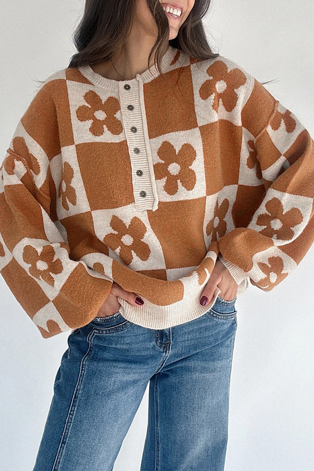 Flower Colourblock Checkered Henley Sweater - eAura