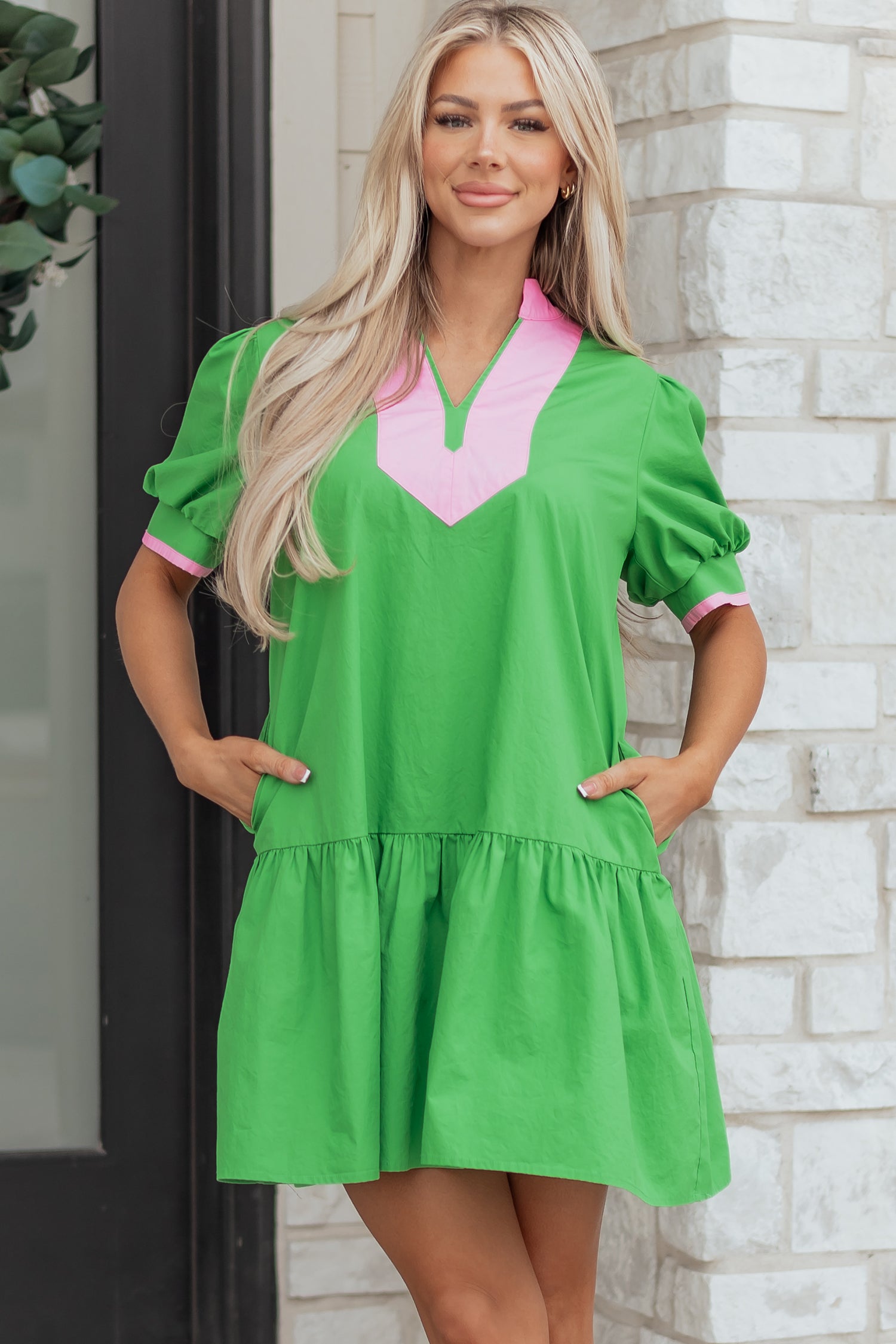 Colour Block Split Neck Puff Sleeve Ruffle Hem Mini Dress