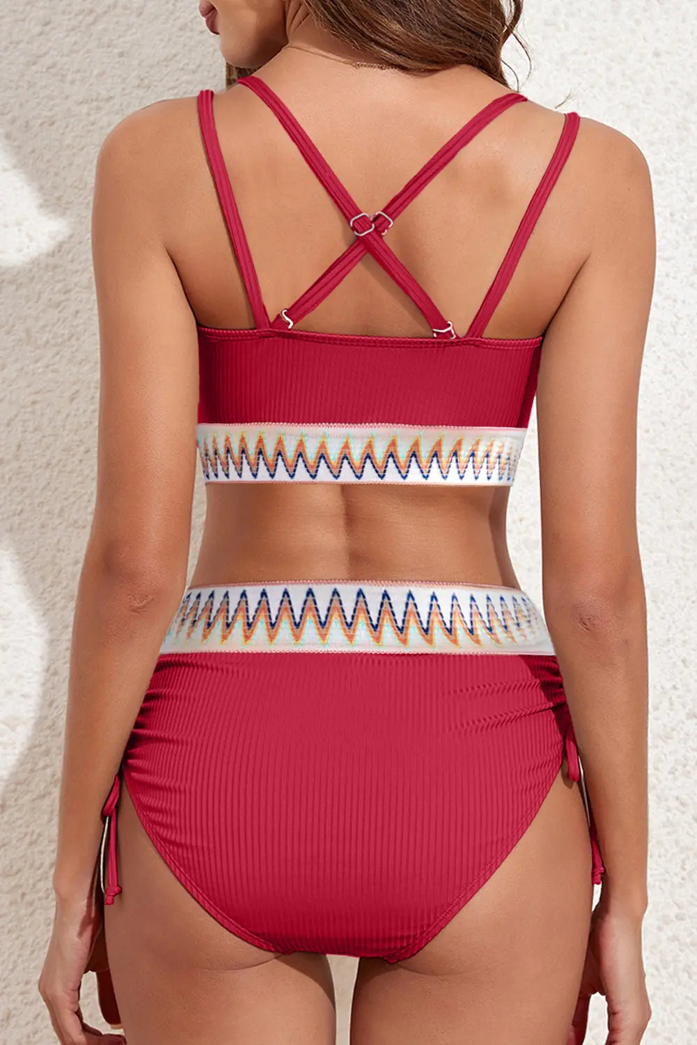 Ribbed Knit Tribal Contrast 2-Piece High Waist Bikini Set