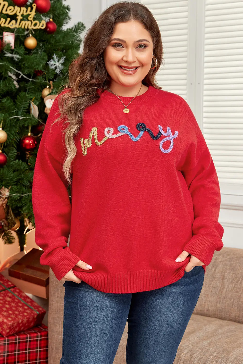 Tinsel merry Pattern Drop Shoulder Plus Size Sweater