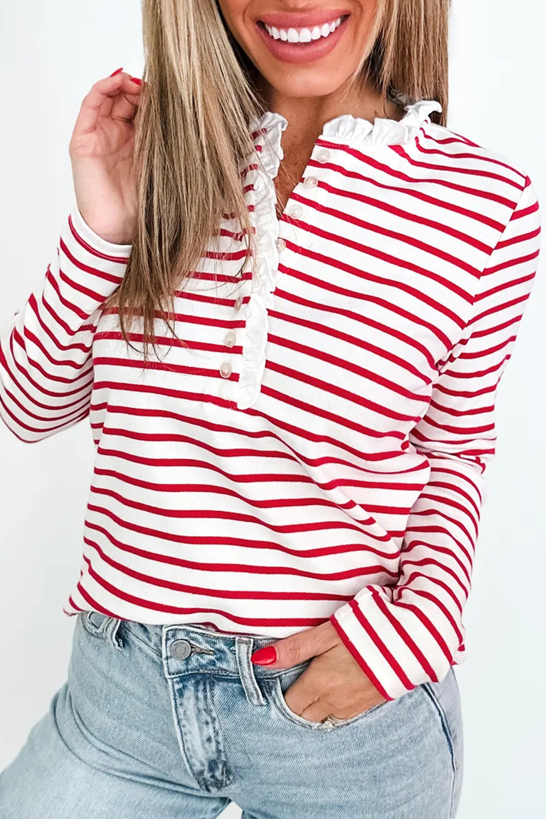 Stripe Contrast Frilled Trim Half Button Long Sleeve Top