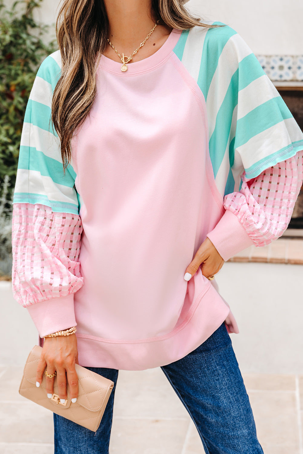 Striped Patchwork Raglan Pullover Top with Slits - eAura
