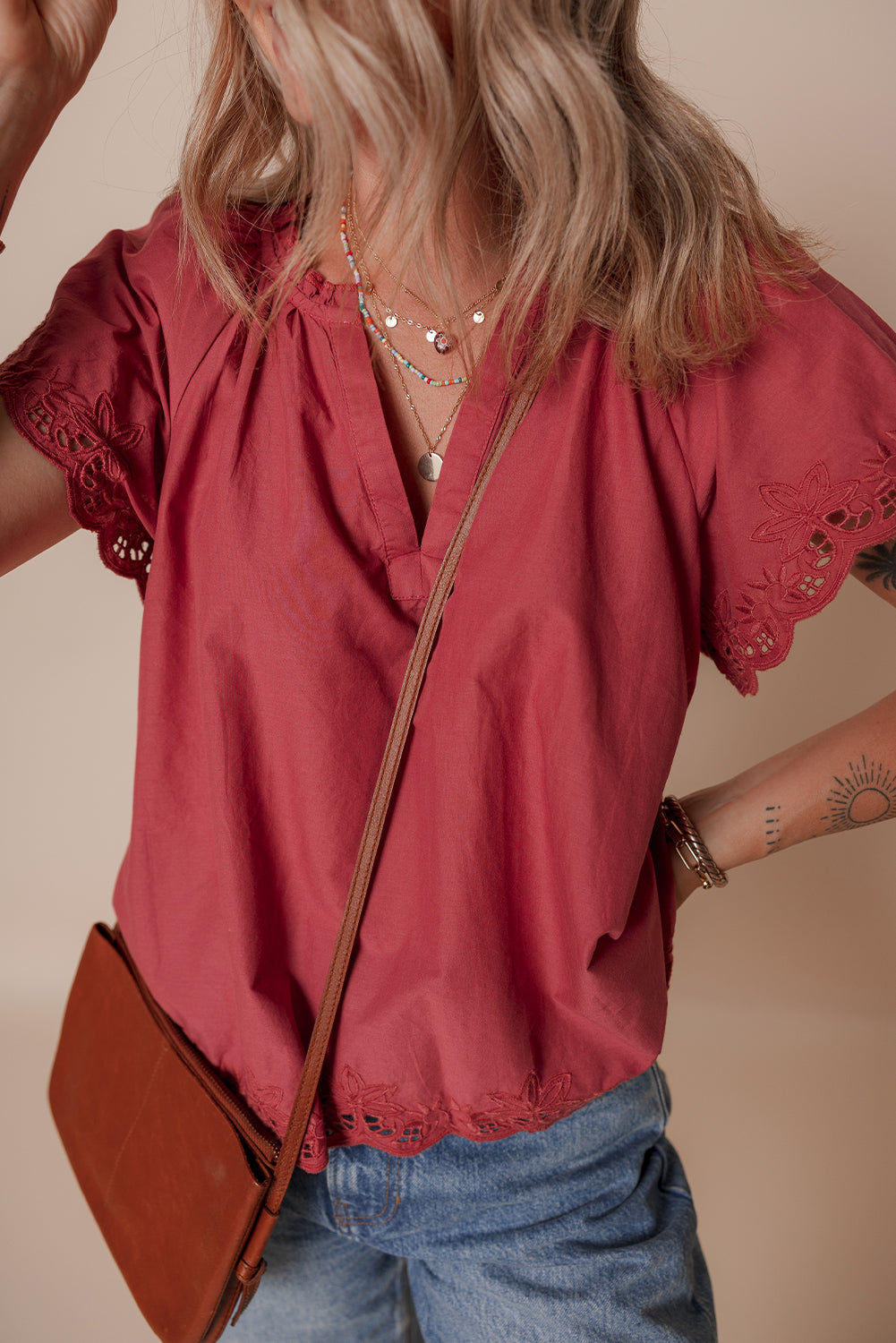Red Dahlia Floral Embroidered Scallop Trim Short Sleeve V Neck Blouse eAura