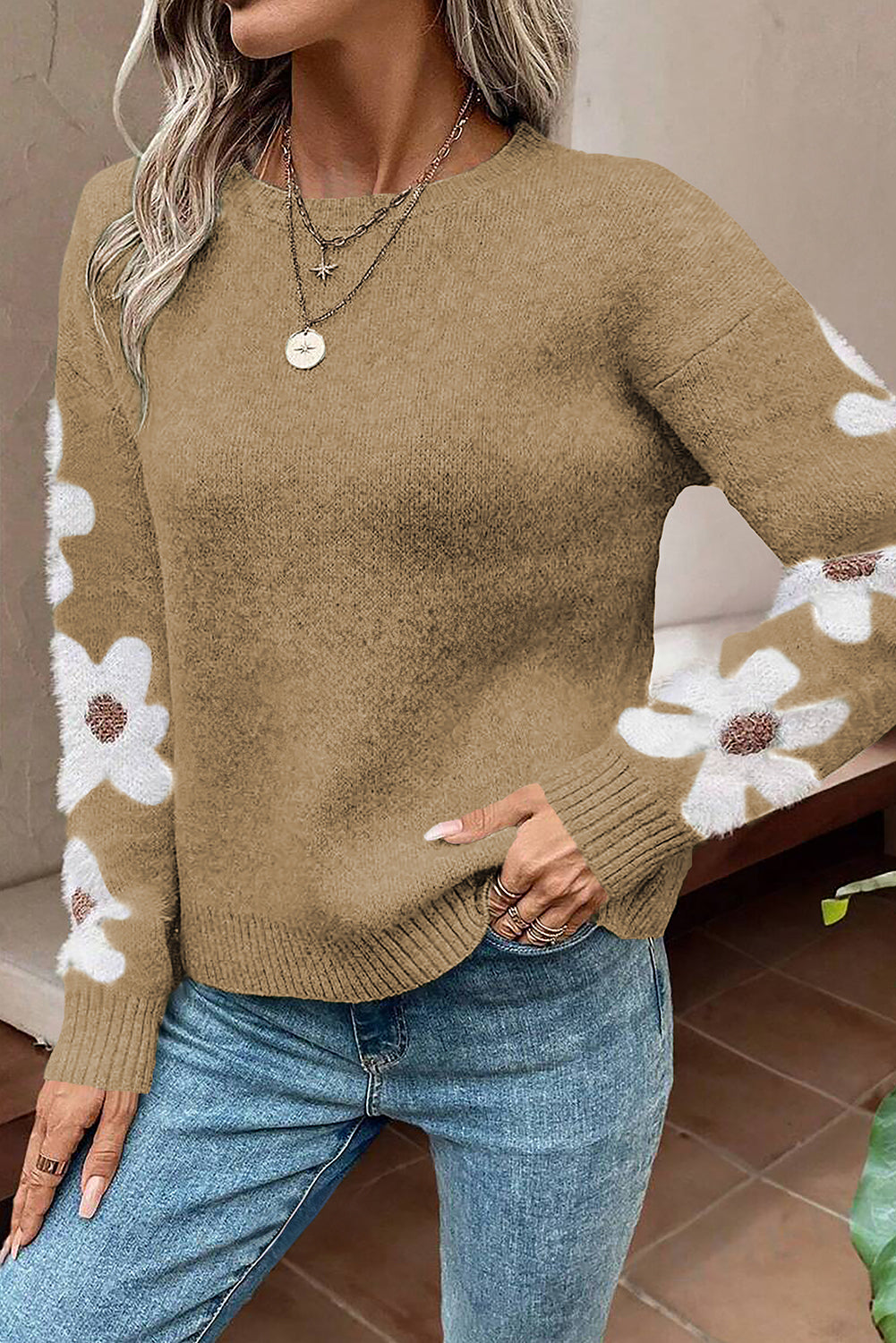 Light Grey Flower Sleeve Drop Shoulder Sweater eAura