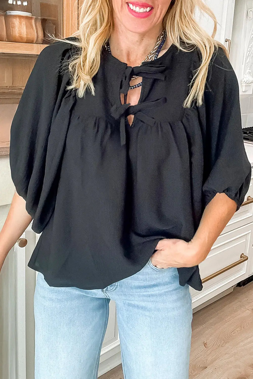 Black Bow Tie Neck 3/4 Sleeve Casual Blouse - Tops/Blouses & Shirts