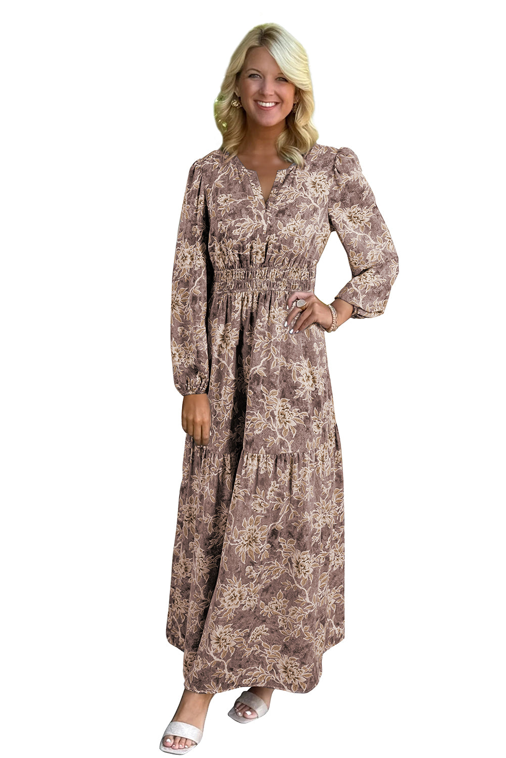 Floral Print Smocked Long Sleeve Maxi Dress - Dresses/Maxi Dresses