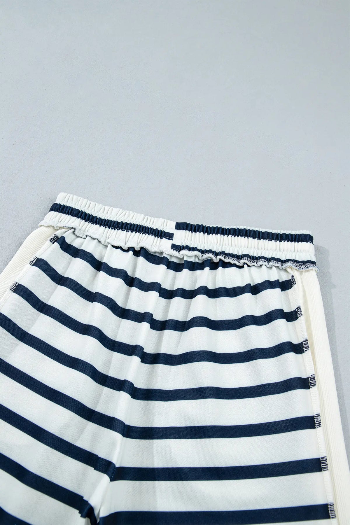 Striped Ribbed Cuff Collar Pocket Loose Pant Set – Blue Stripe