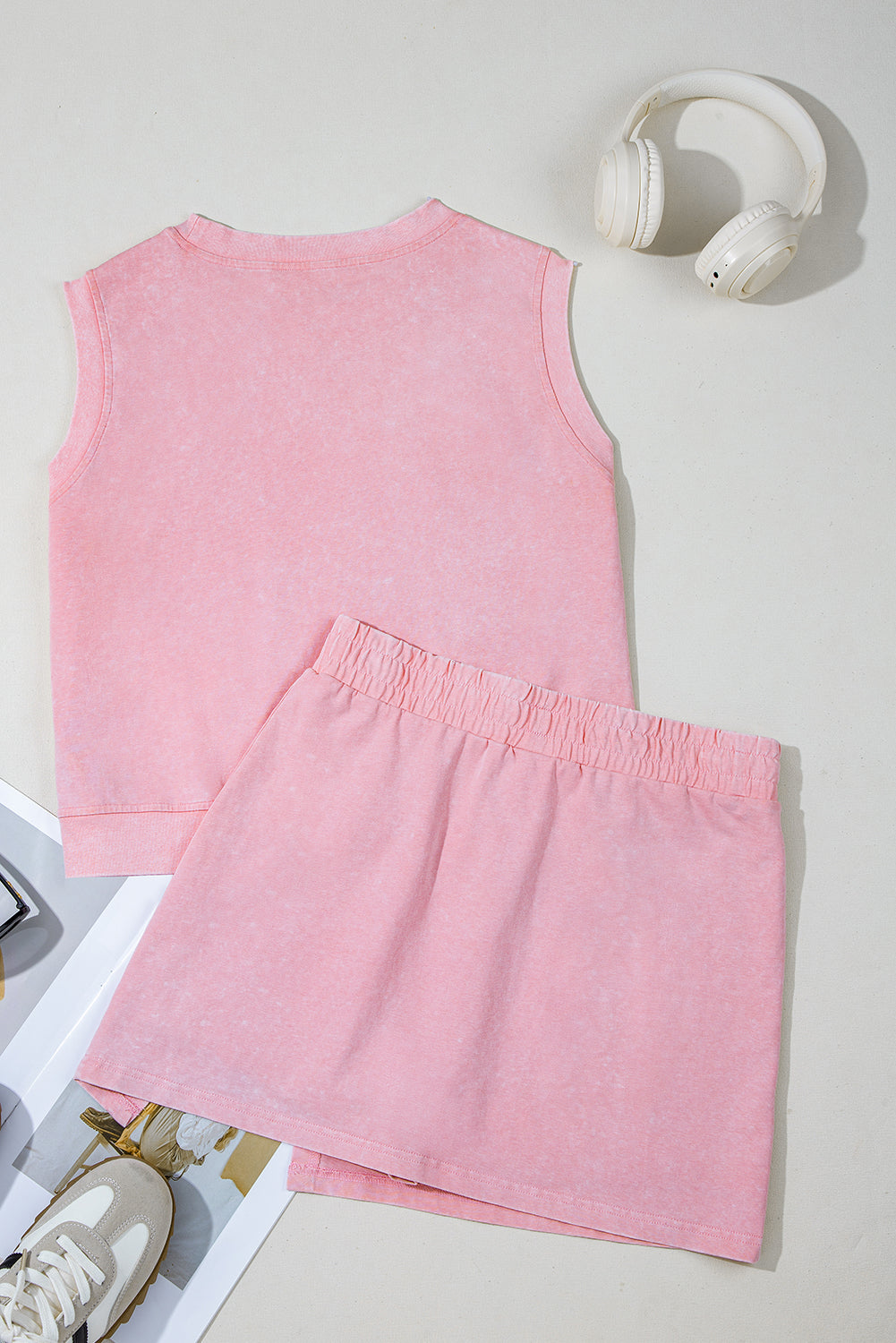 Light Pink 2 Pieces Mineral Wash Cotton Tank Top Lined Split Skirt Set eAura