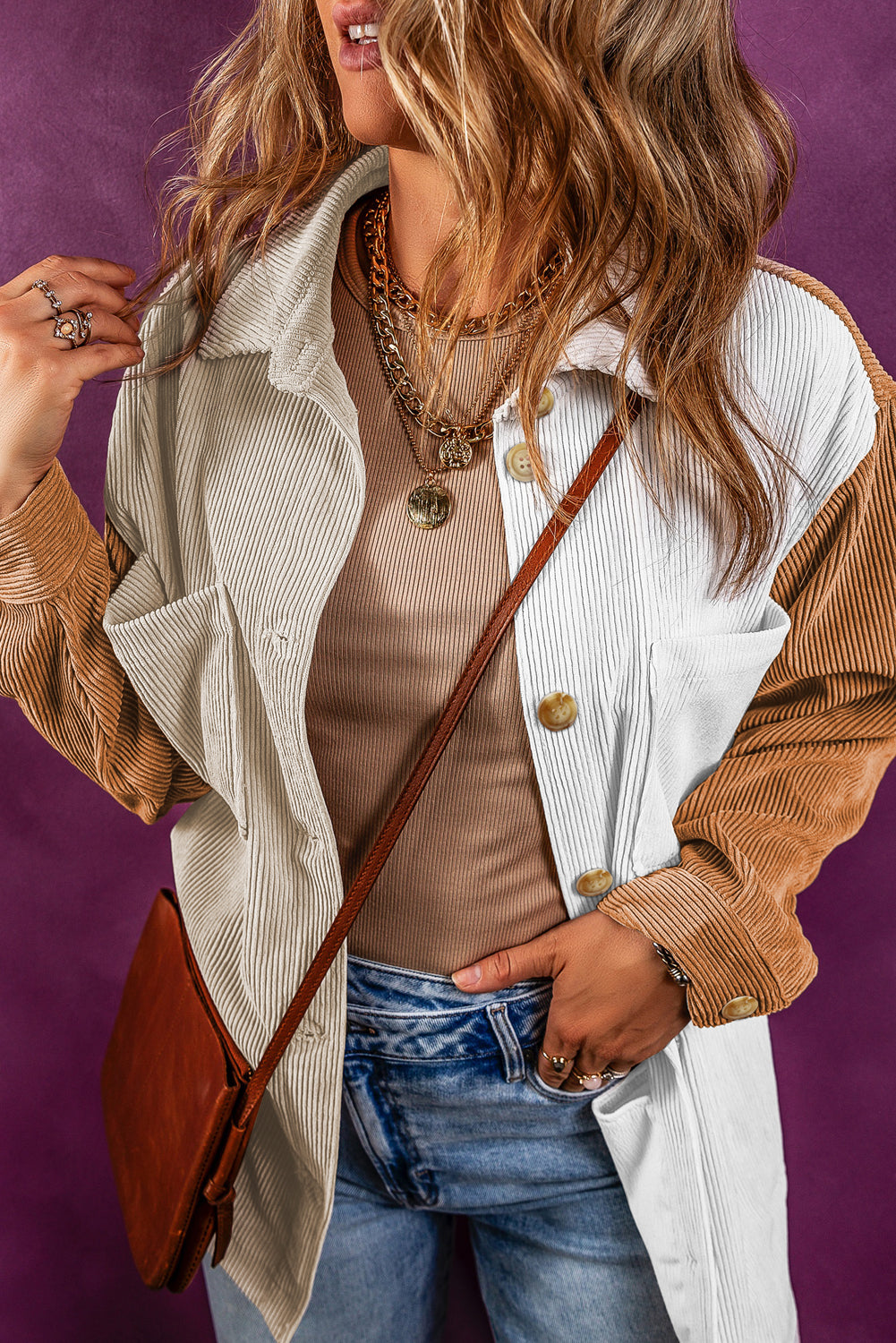 Multicolour Corduroy Colourblock Loose Shacket eAura