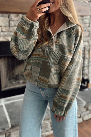 Western Print Fleece Pullover Long Sleeve Casual Fit Sweatshirt – Green