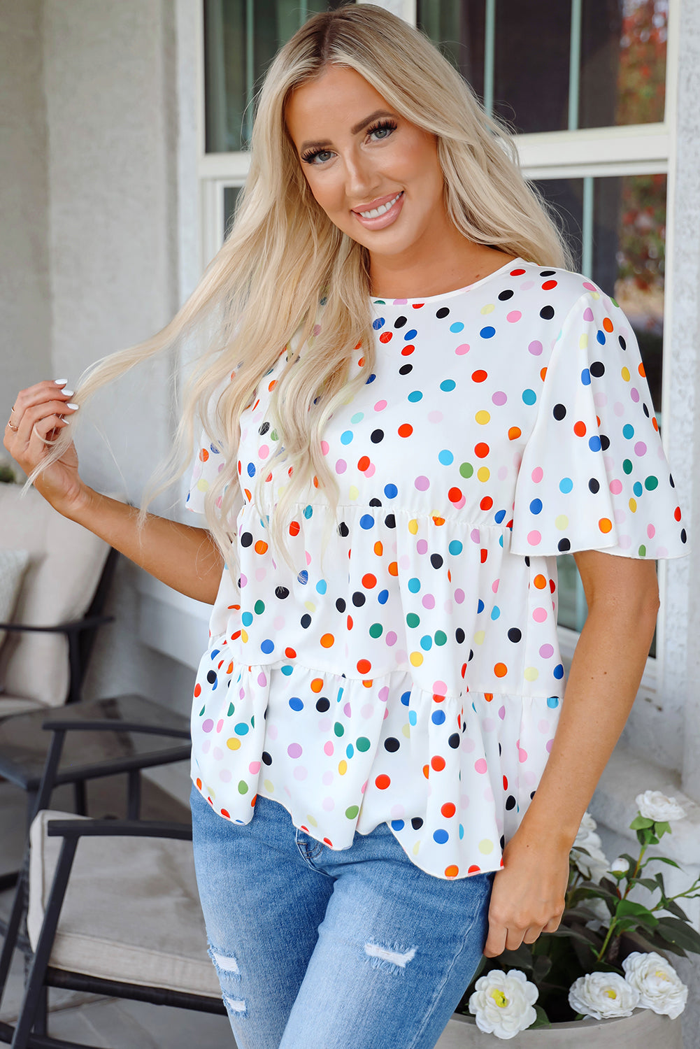 White Colourful Polka Dot Short Sleeve Tiered Ruffled Babydoll Blouse eAura