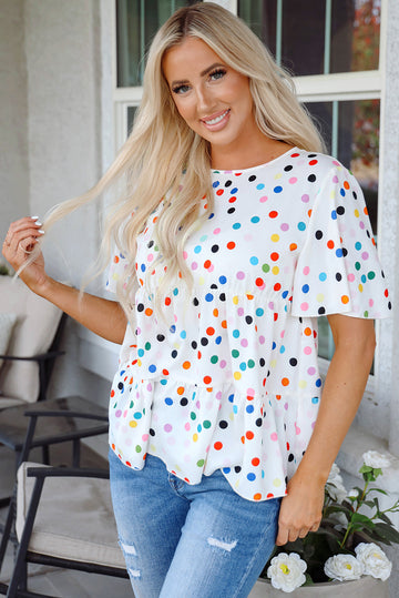 White Colourful Polka Dot Short Sleeve Tiered Ruffled Babydoll Blouse eAura