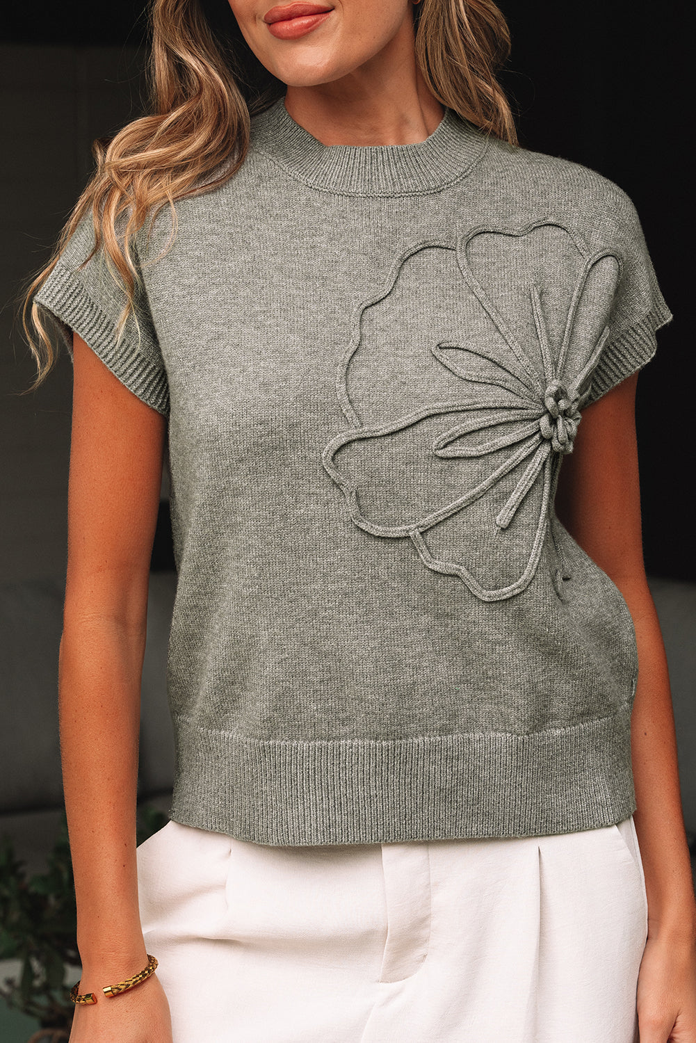 High Flower Pattern Ribbed Trim Short Sleeve Boxy Sweater eAura