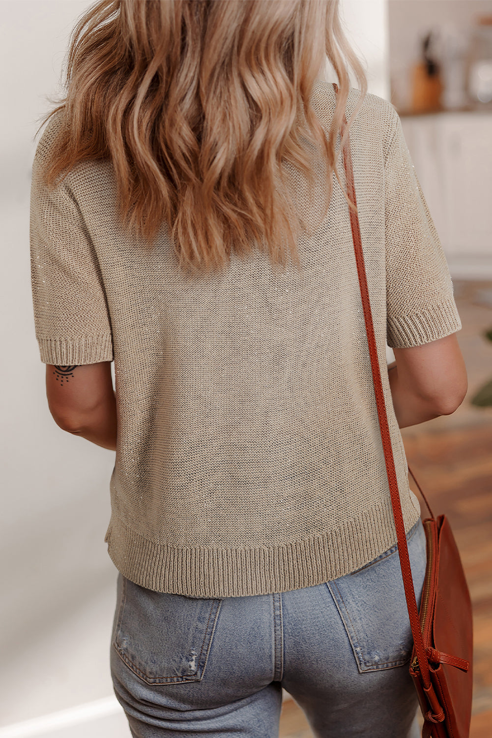 Beige Shiny Knit Short Sleeve Drop Shoulder Sweater eAura