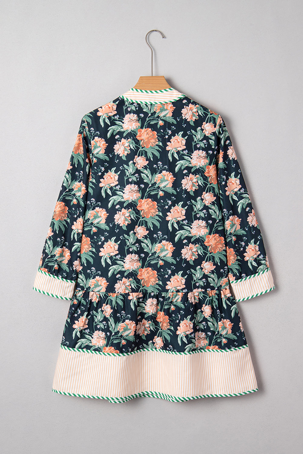 Floral Print Striped Trim V-Neck Long Sleeve Ruffle Hem Shift Mini Dress - eAura