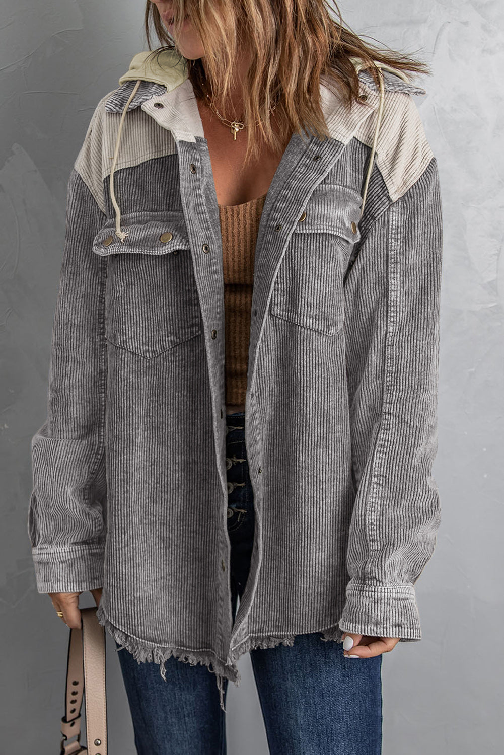 Gray Color Block Button Down Hooded Corduroy Jacket – Gray-2