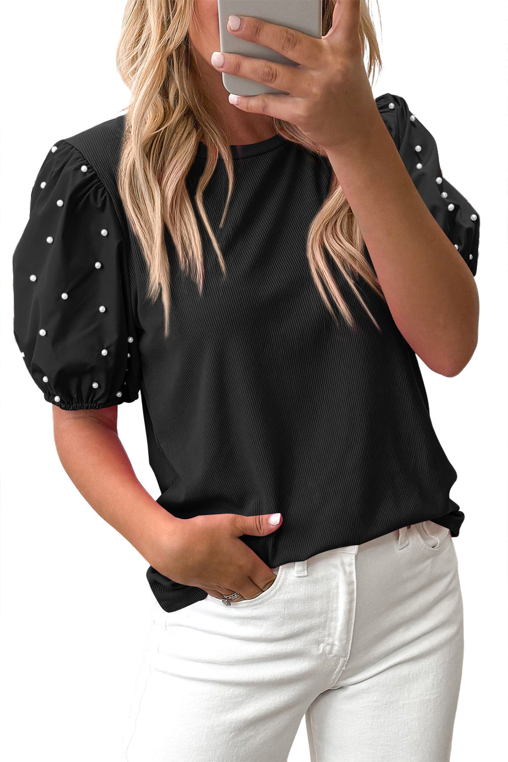 Bright Green Ribbed Pearl Beaded Puff Sleeve Top eAura