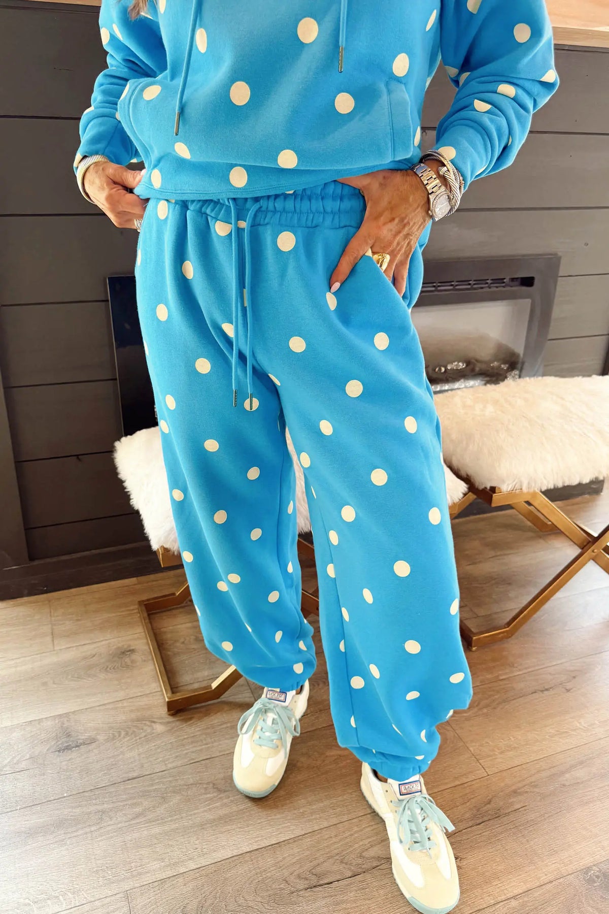 Polka Dot Hooded Drawstring Long Sleeve Plus Size Set – Blue