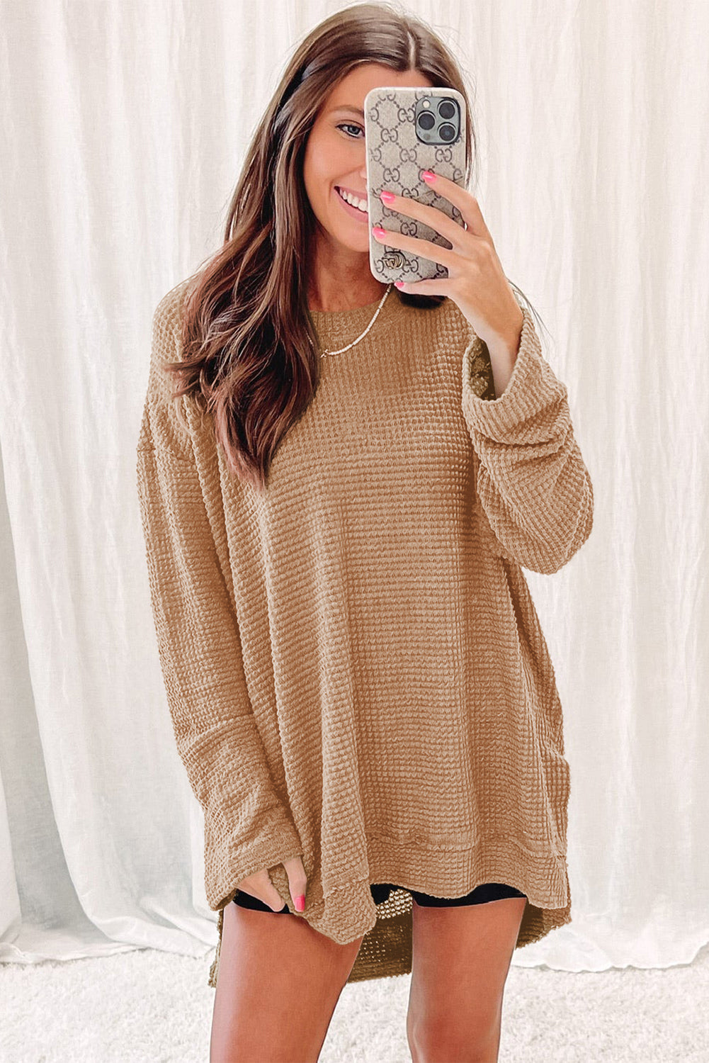 Khaki Waffle Knit High Slits Oversized Top - eAura
