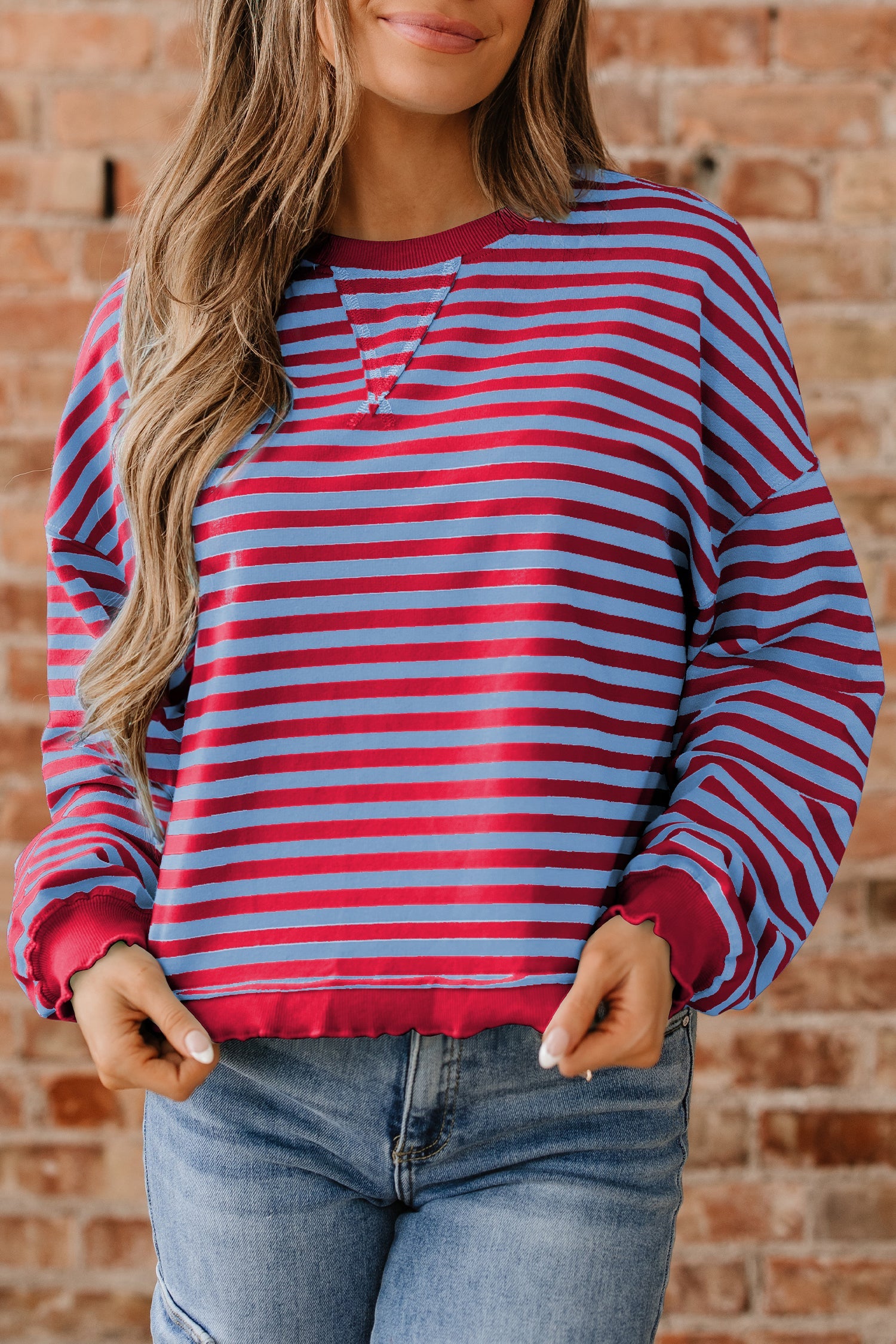 Striped Exposed Seam Contrast Ribbed Trim Boxy Sweatshirt - Tops/Sweatshirts & Hoodies