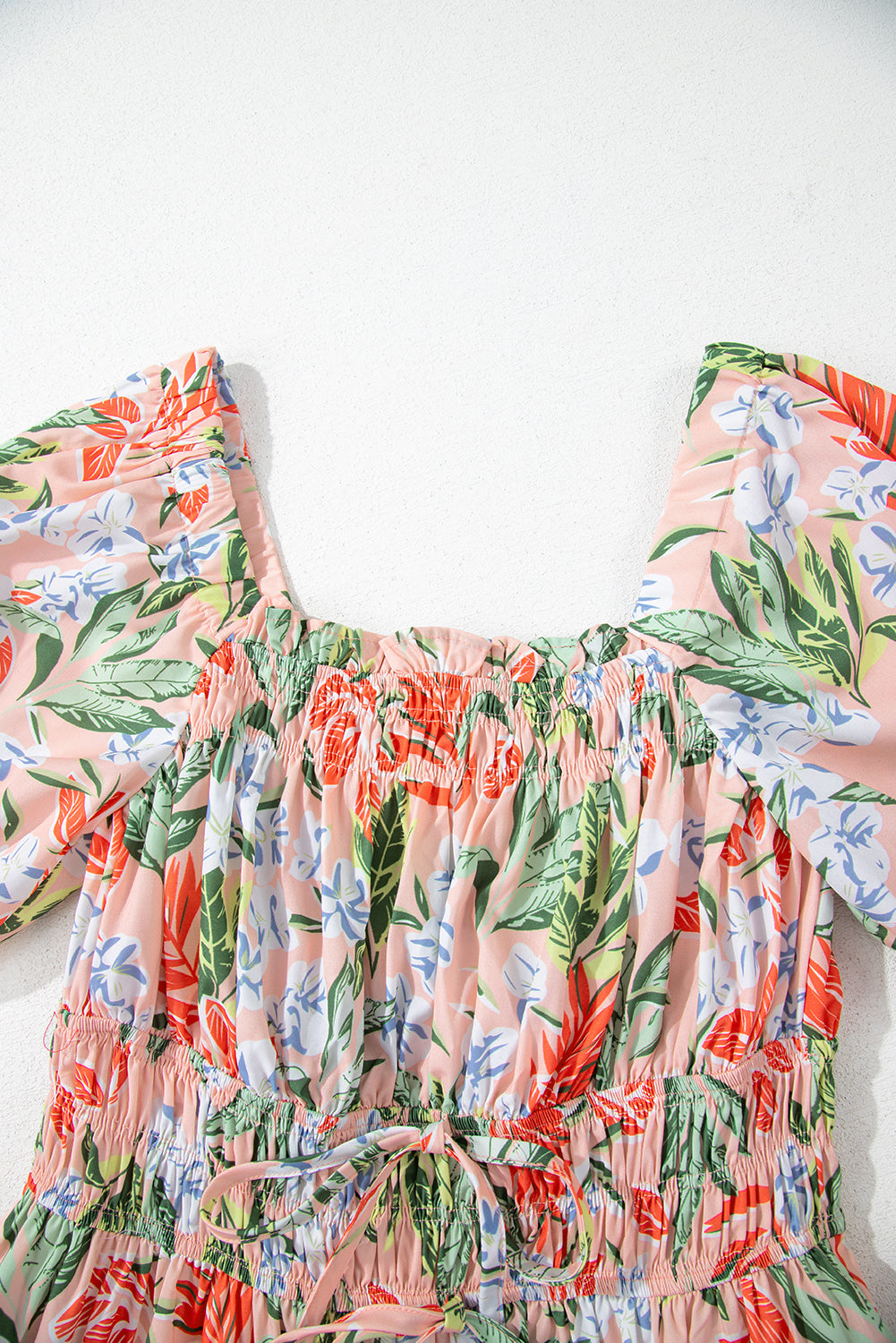 Apricot Pink Floral Smocked Bust Bubble Short Sleeve Maxi Dress eAura