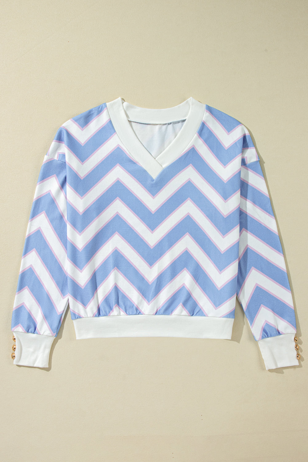 Sky Blue Zigzag Striped Print V Neck Oversized Top eAura