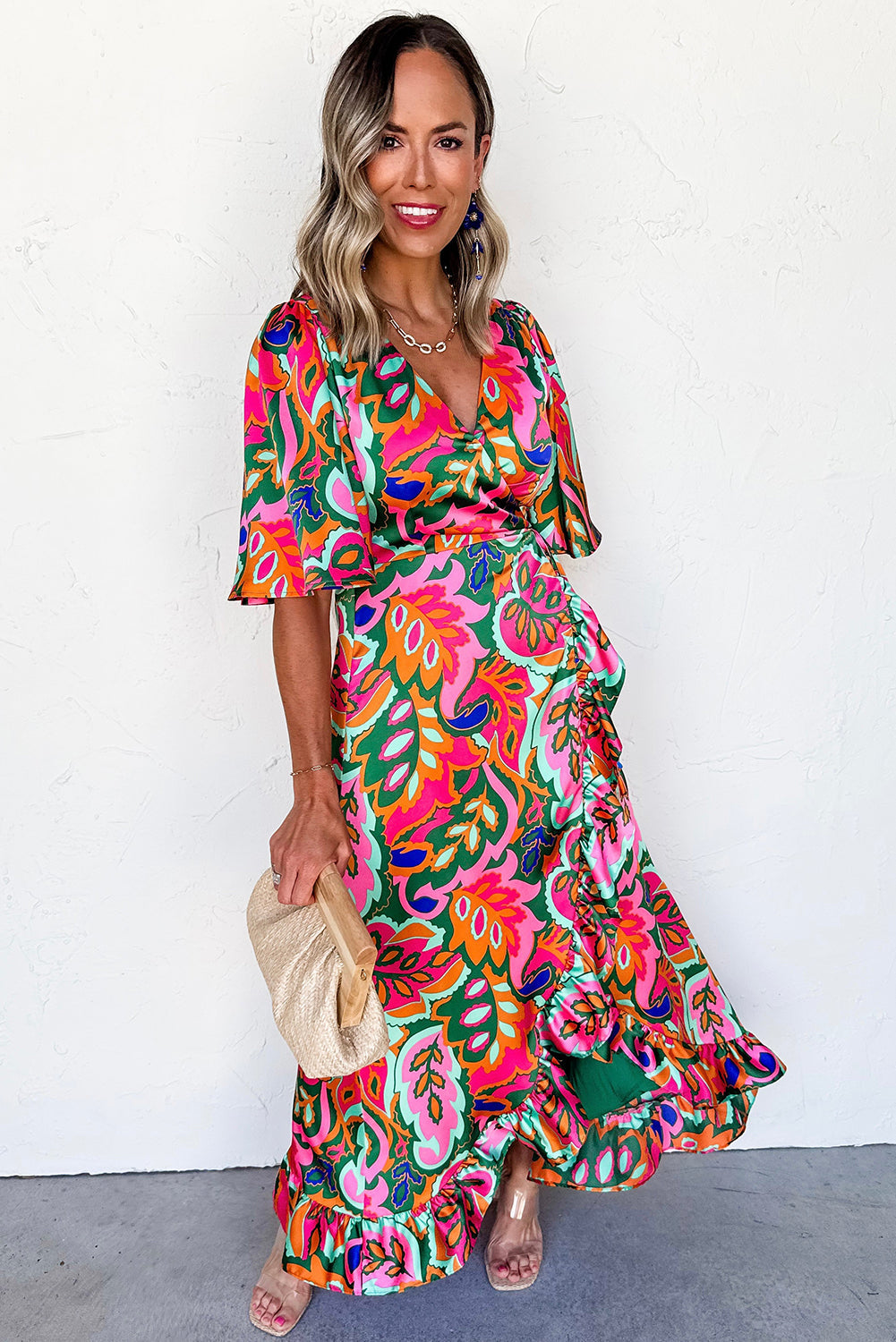 Summer Plant Print V-Neck Ruffled Maxi Dress BB Fashion Outlet