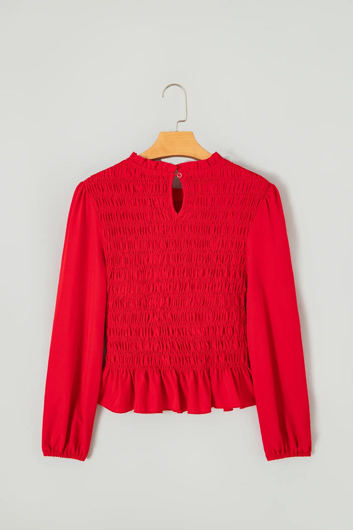 Solid Colour Smocked Ruffle Hem Long Sleeve Blouse – Bright Green