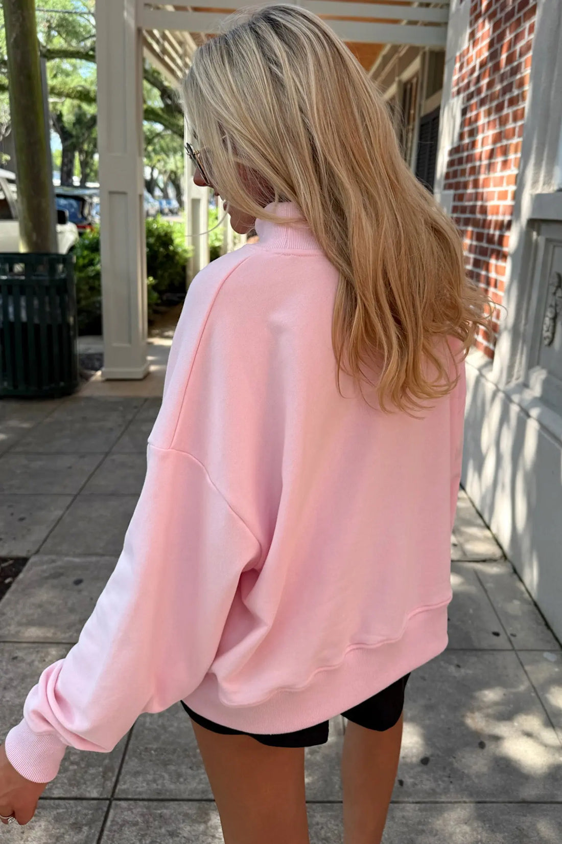 Stay Salty Embroidered Long Sleeve Stand Neck Shift Pullover Sweatshirt – Pink