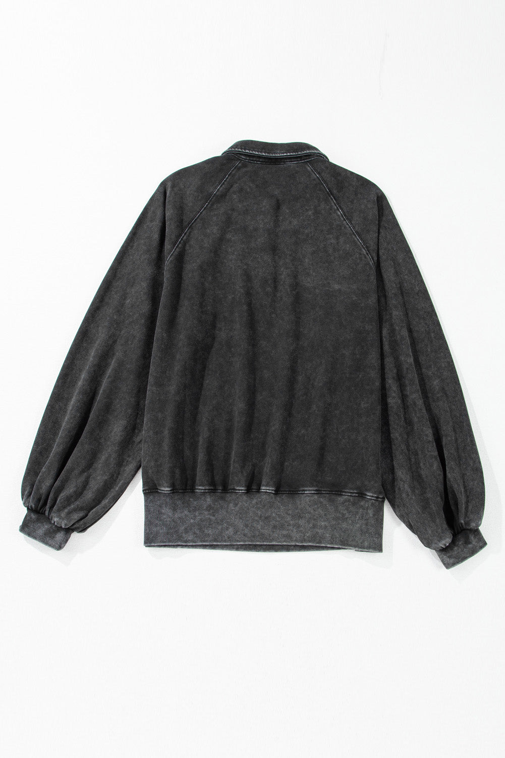Black Solid Snap Buttons Collared Balloon Sleeve Oversized Sweatshirt eAura
