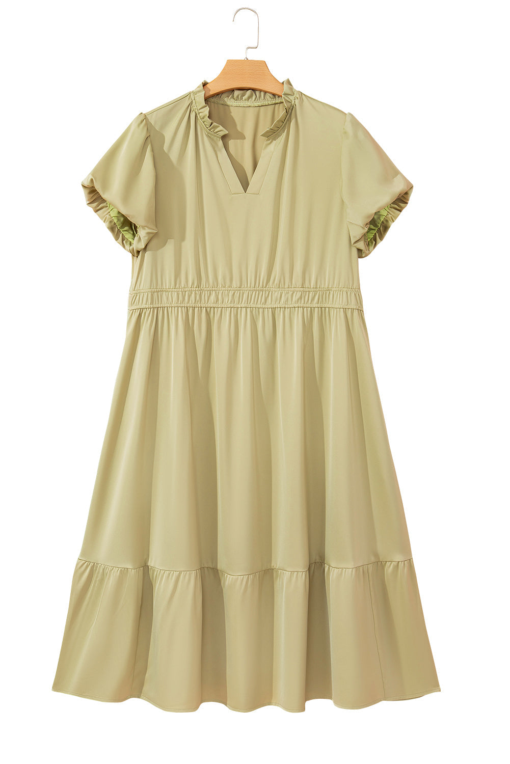 Laurel Green Notched V Neck Puff Sleeve Tiered Plus Size Maxi Dress BB Fashion Outlet