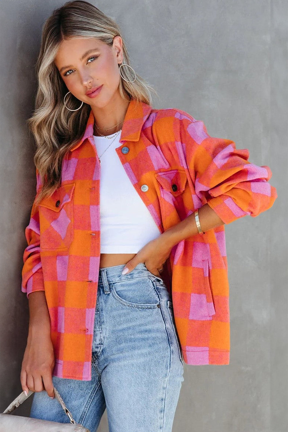 Orange Plaid Chest Pockets Button-up Turn Down Collar Jacket Beagle Boutique Fashion Outlet
