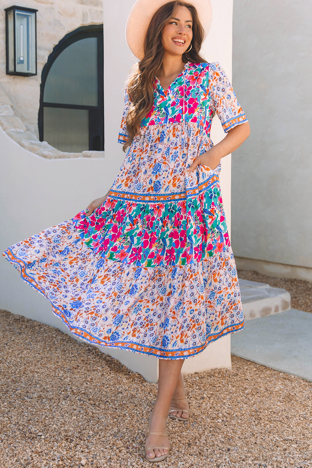 Sky Blue Mixed Floral Print Tie Split Neck Short Sleeve Dress eAura